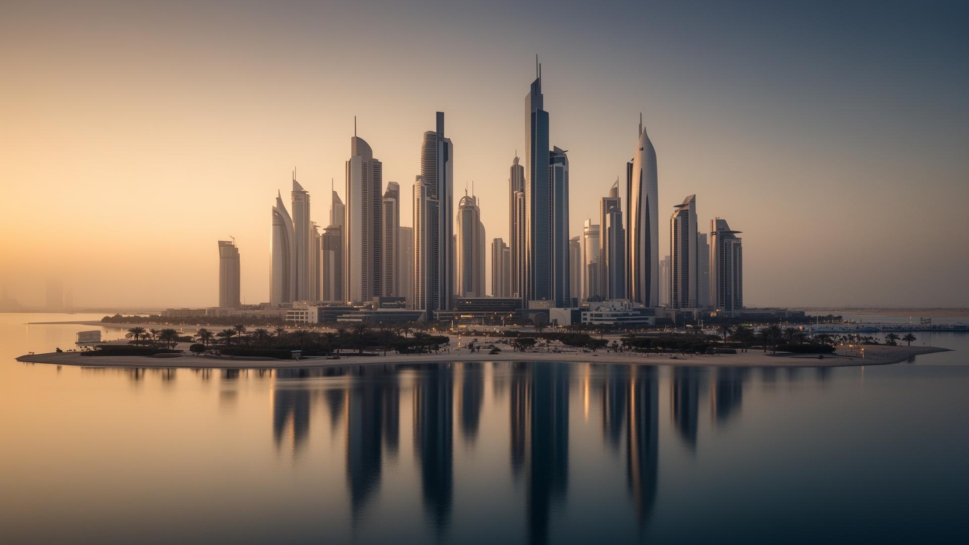 Abu Dhabi skyline bij gouden uur